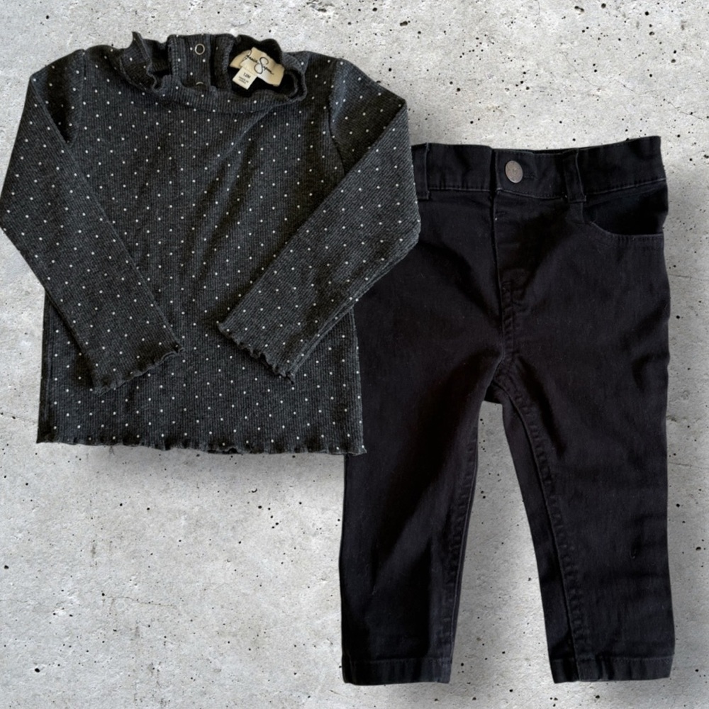 Jessica Simpson 12m Charcoal Polka Dot Mockneck + Black Granimals 12m Jeans Pant